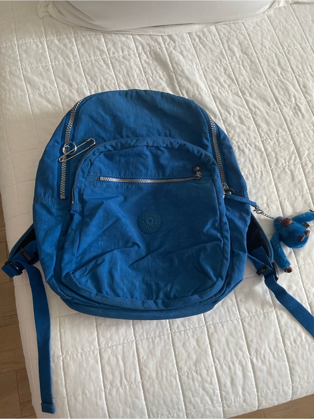 Kipling Blue Nylon Backpack with Monkey Keychain